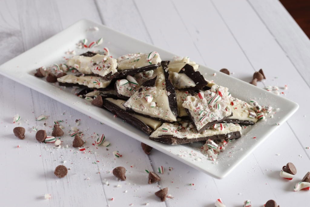 Peppermint bark on a white serving dish