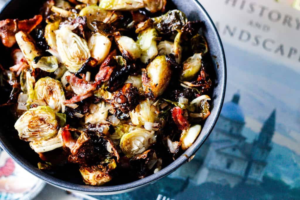 Bacon and roasted brussels sprouts overhead view