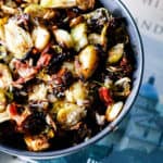 Bacon and roasted brussels sprouts overhead view