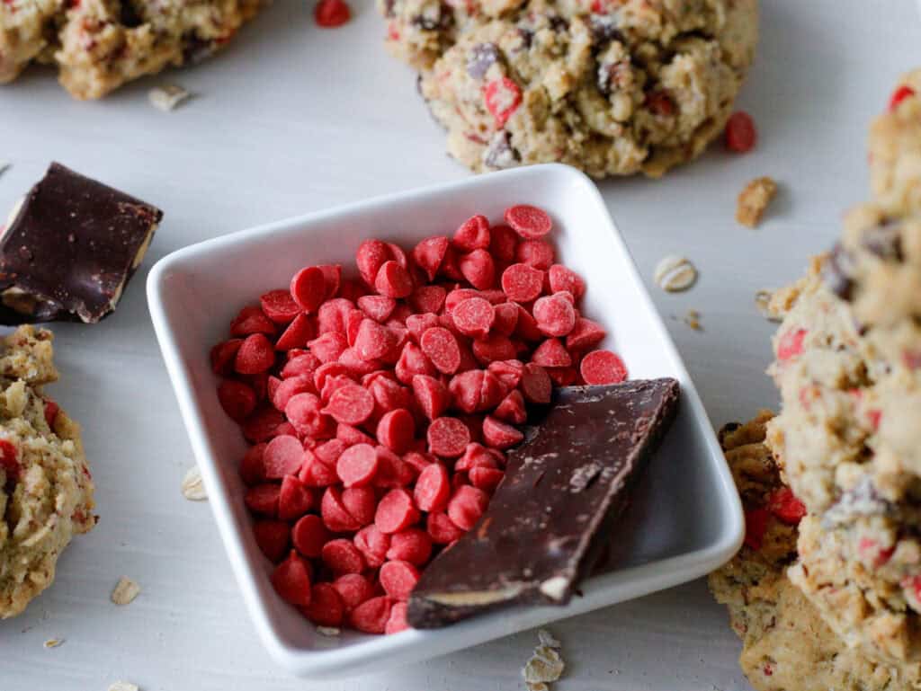 Red cherry chips in a square bowl