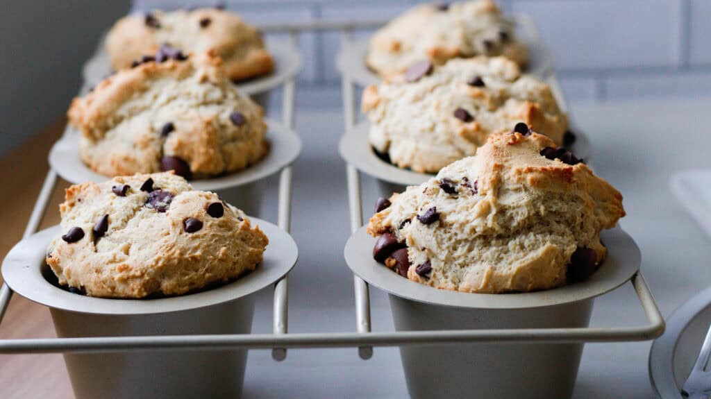 Chocolate Chip Muffins in a pan close up