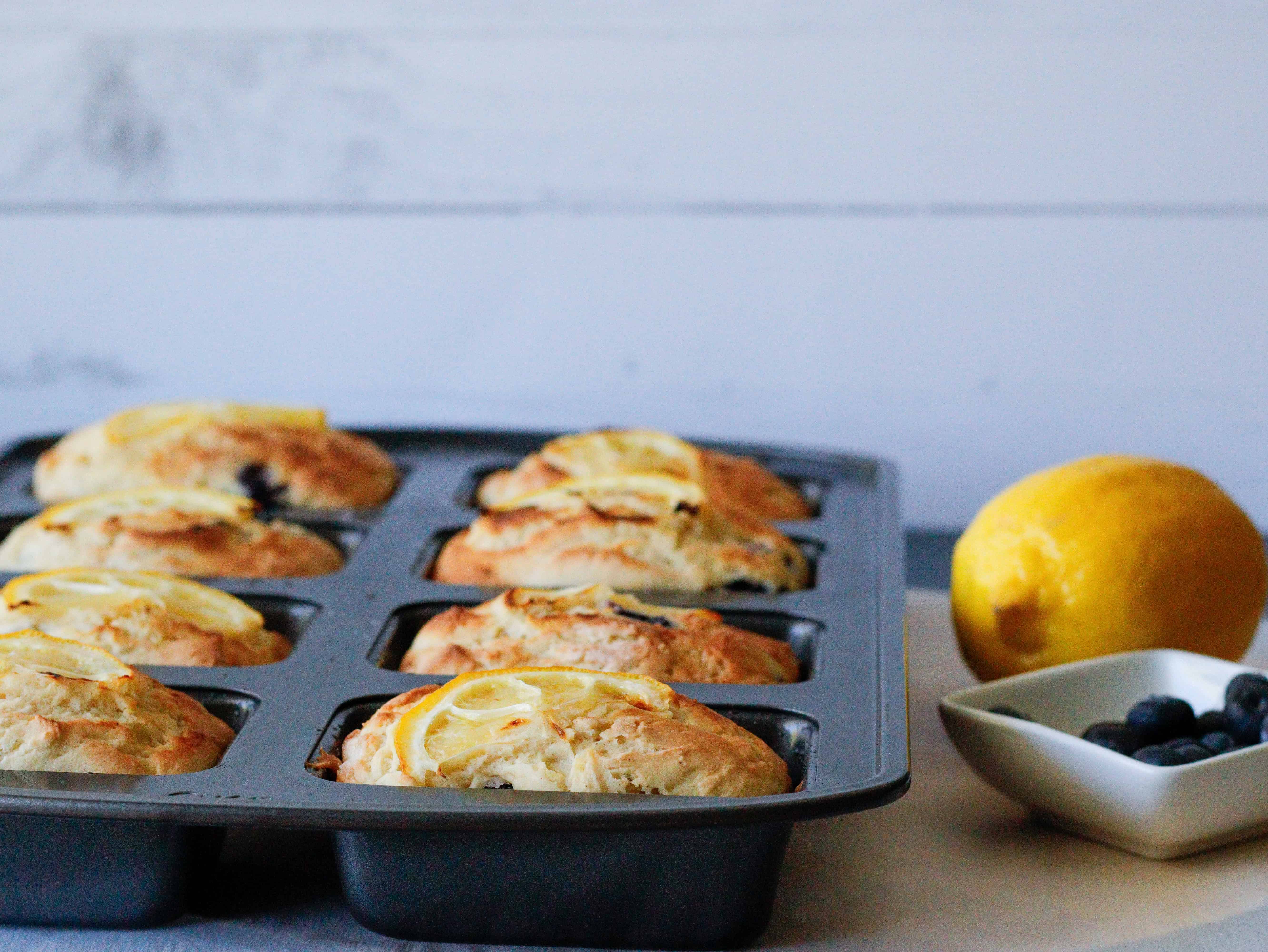 Mini lemon blueberry cakes in pan