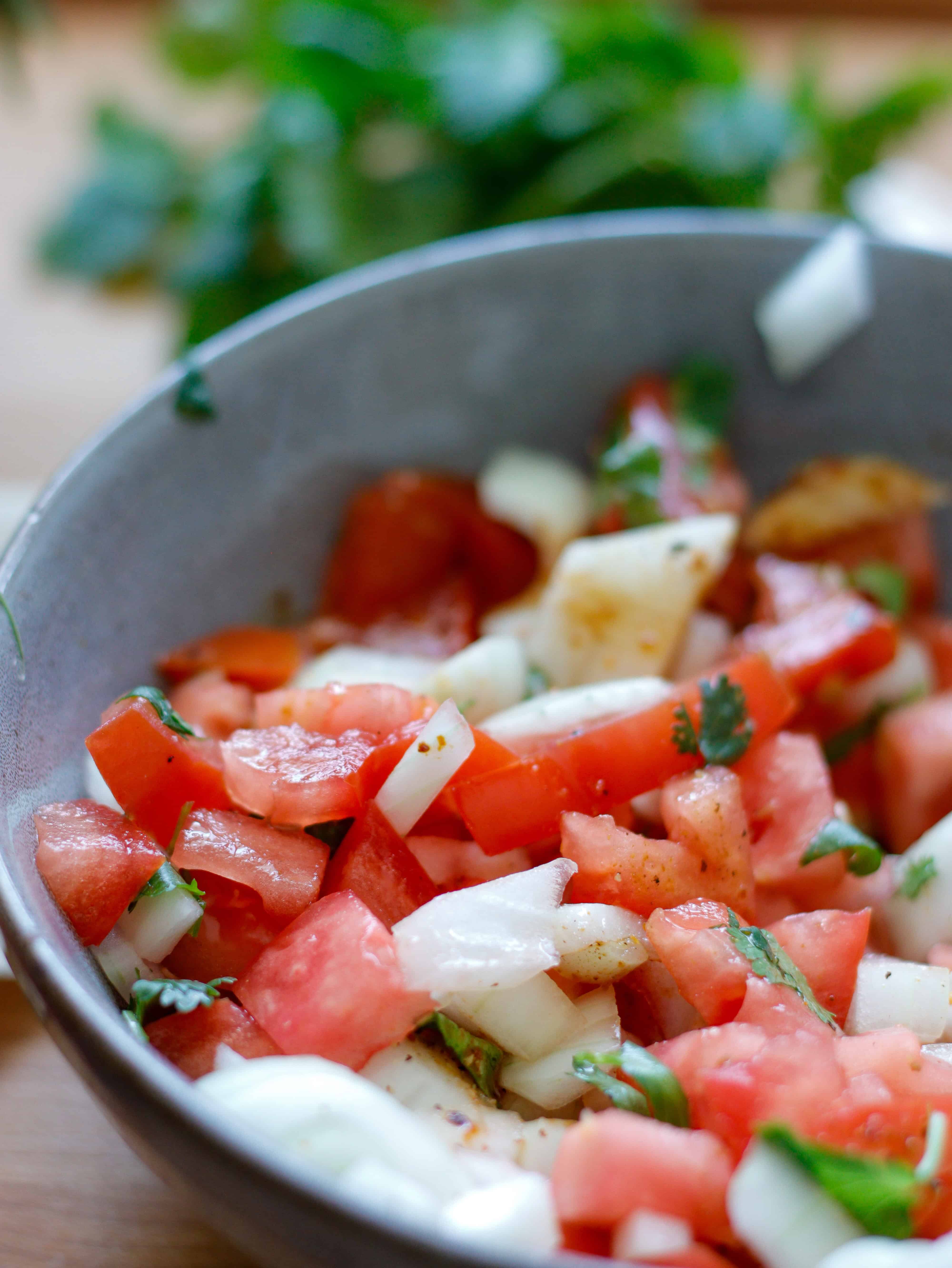 Gray bowl of pico de gallo