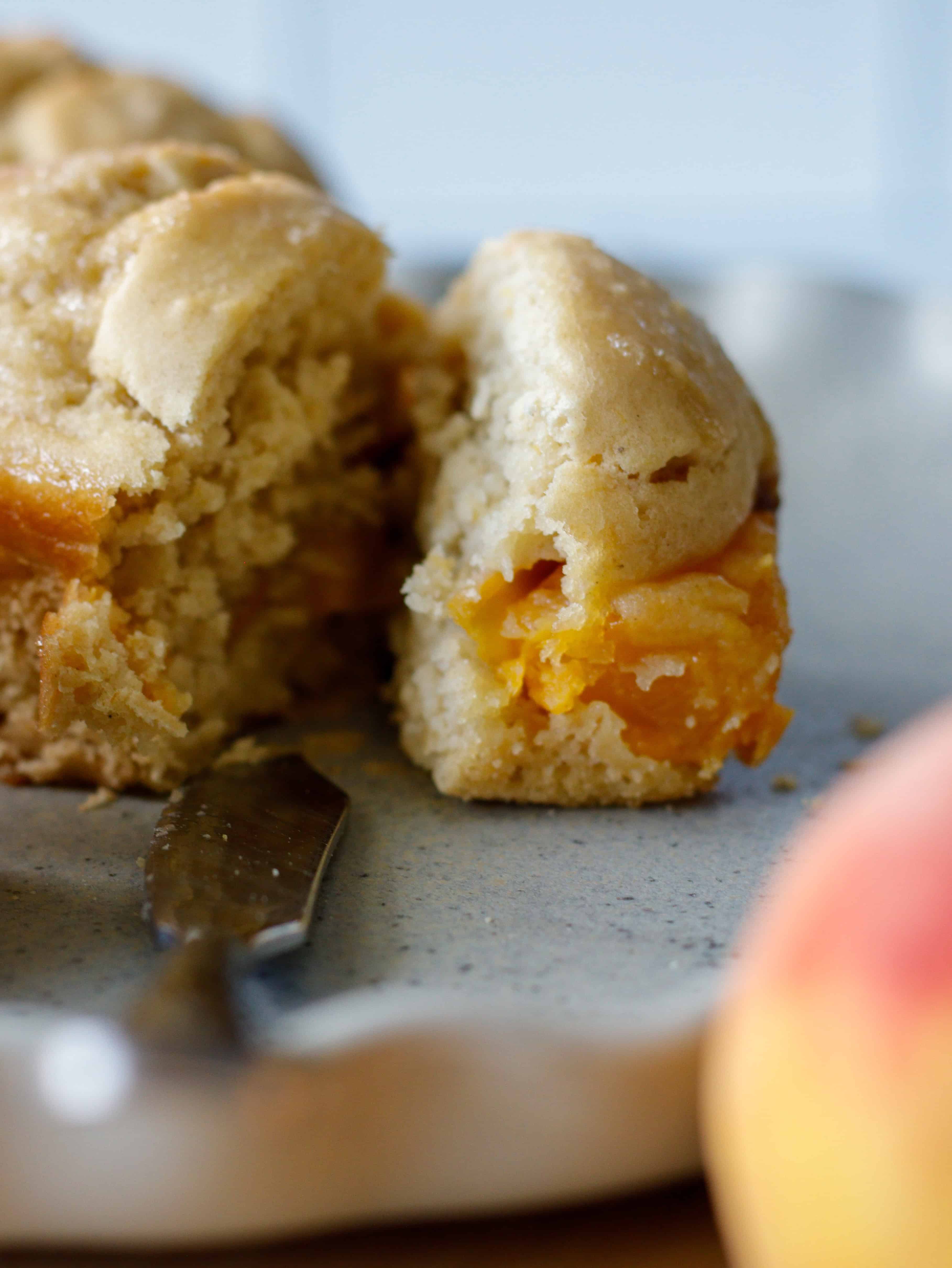 Peach cake cut on a plate