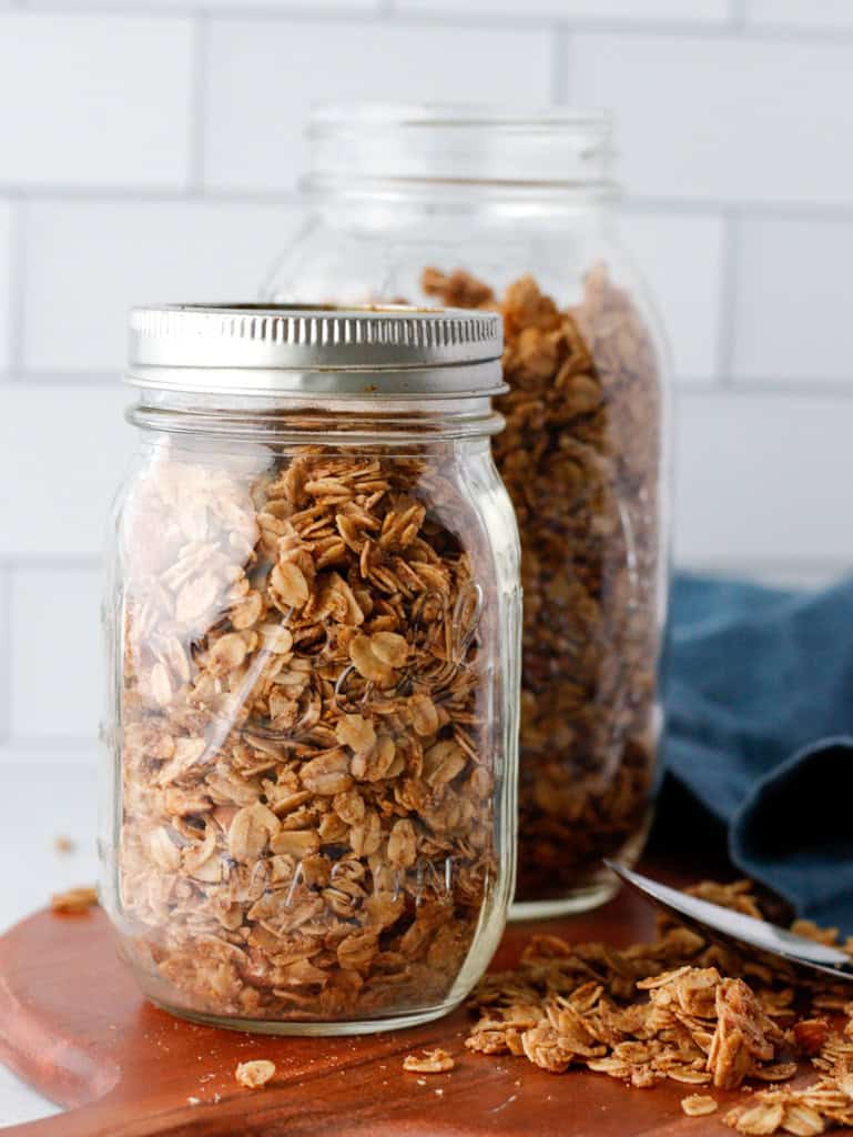 Pumpkin spice granola stored in a mason jar
