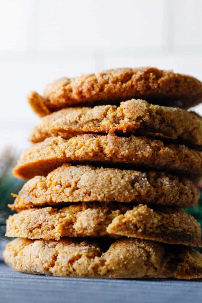 close up stack of large chewy cinnamon almond flour cookies