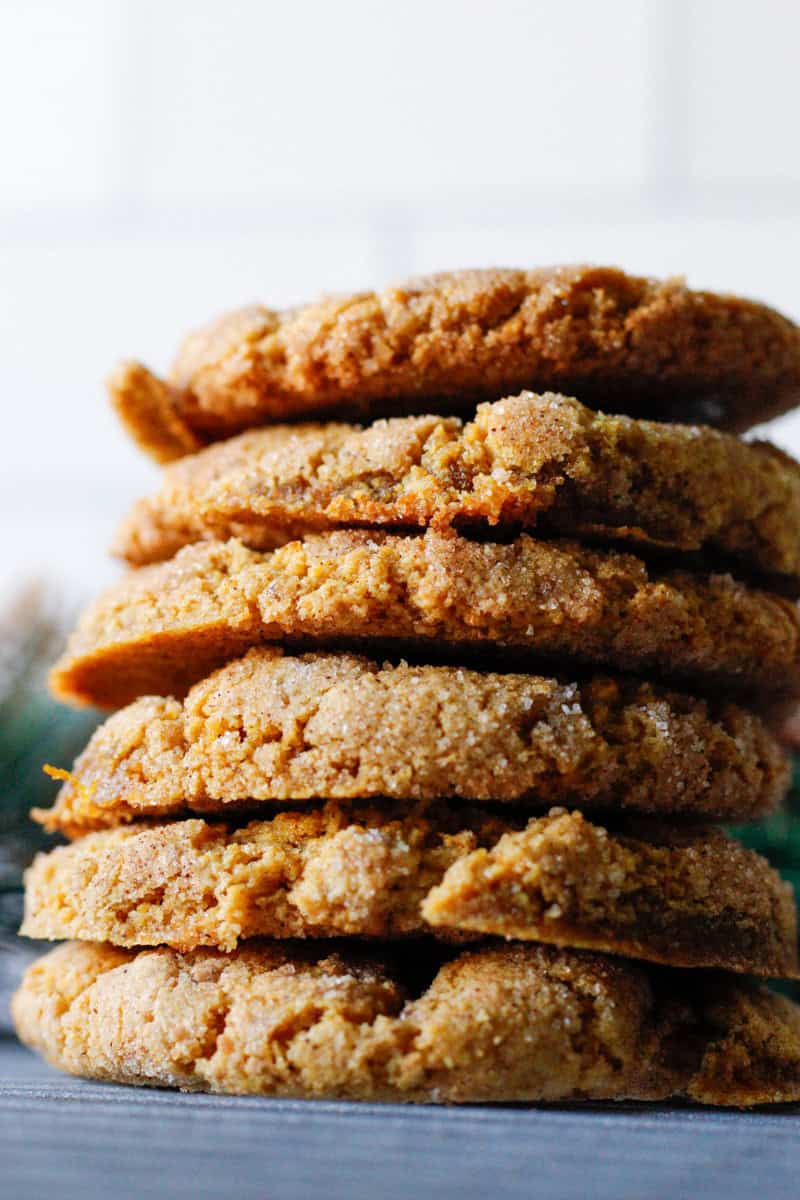 close up stack of large chewy cinnamon almond flour cookies