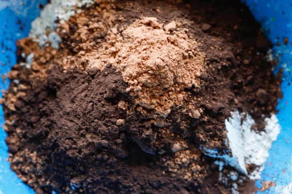 mixing bowl with flour and cocoa powder