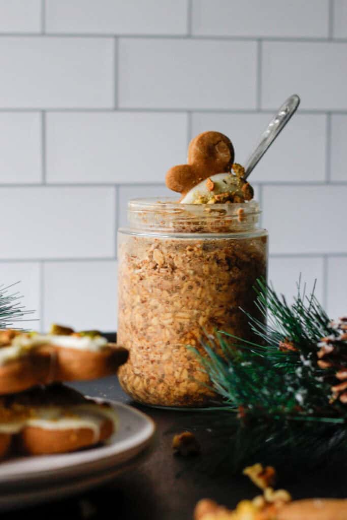 gluten free overnight oats with fresh gingerbread man on top