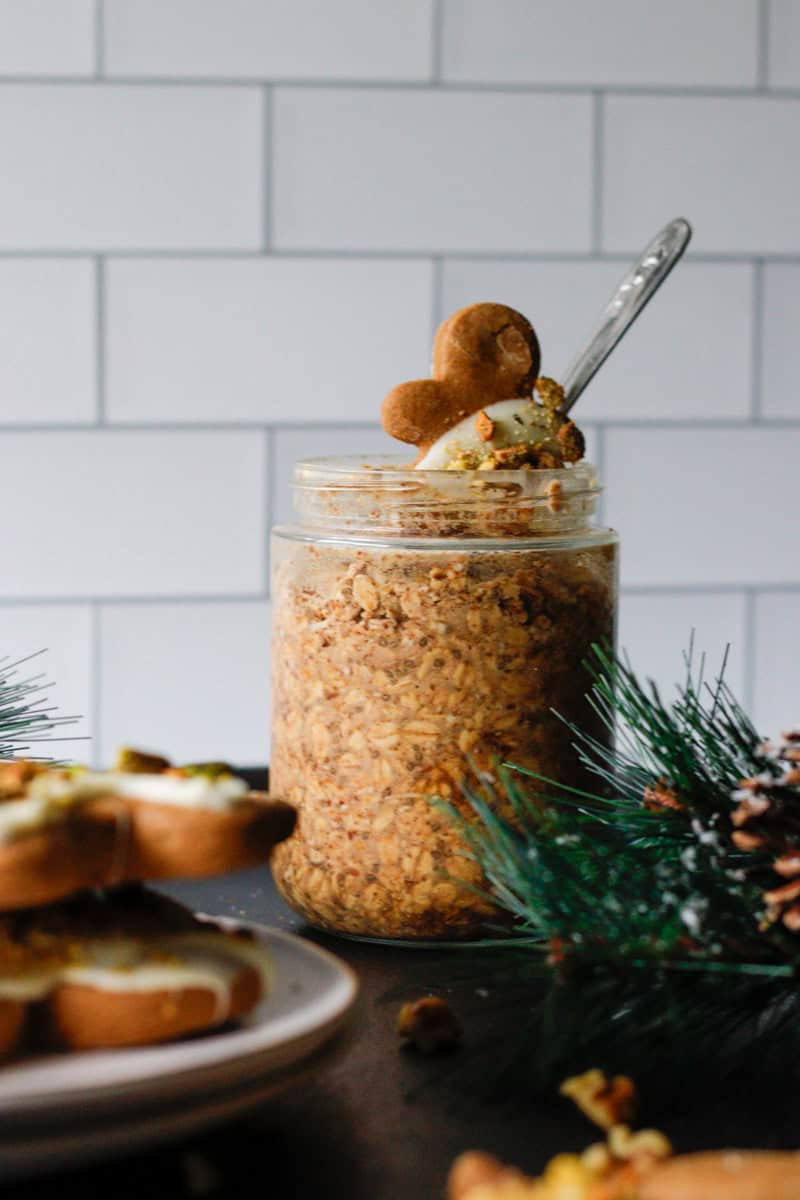 gluten free overnight oats with fresh gingerbread man on top