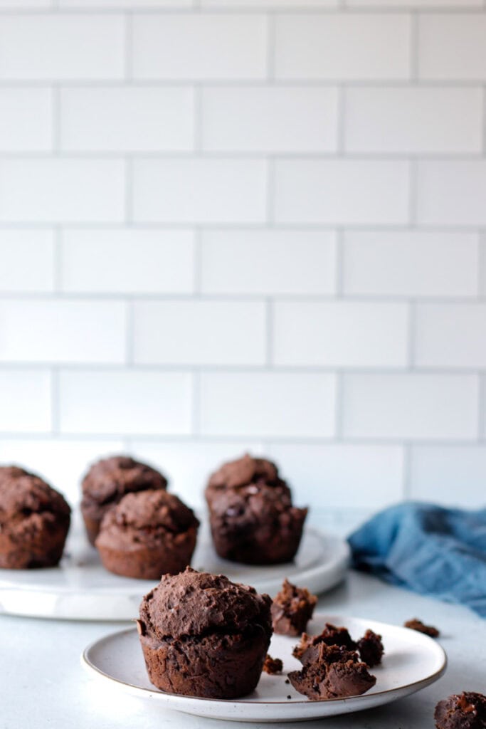 gluten free chocolate espresso muffin on a white plate