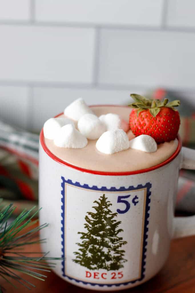Christmas mug with hot cooca protein dip topping with marshmallows