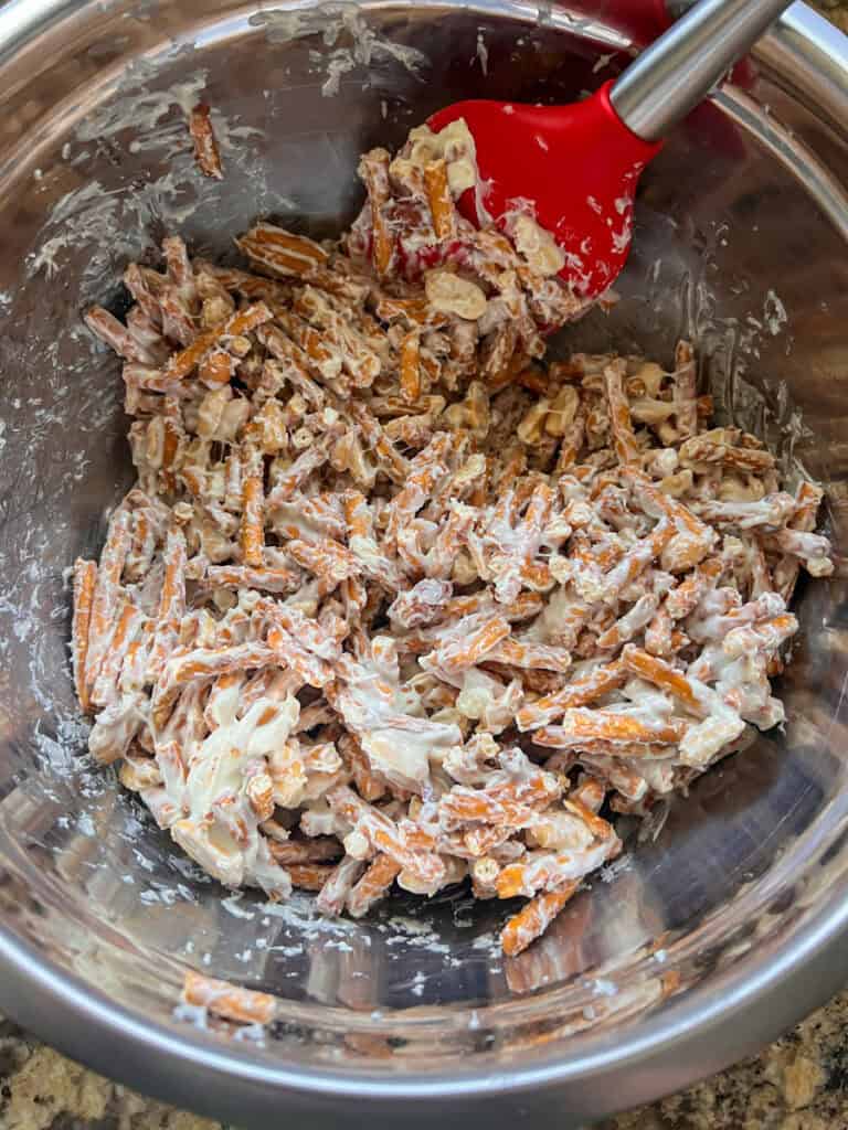 mixing bowl with pretzels and white chocolate