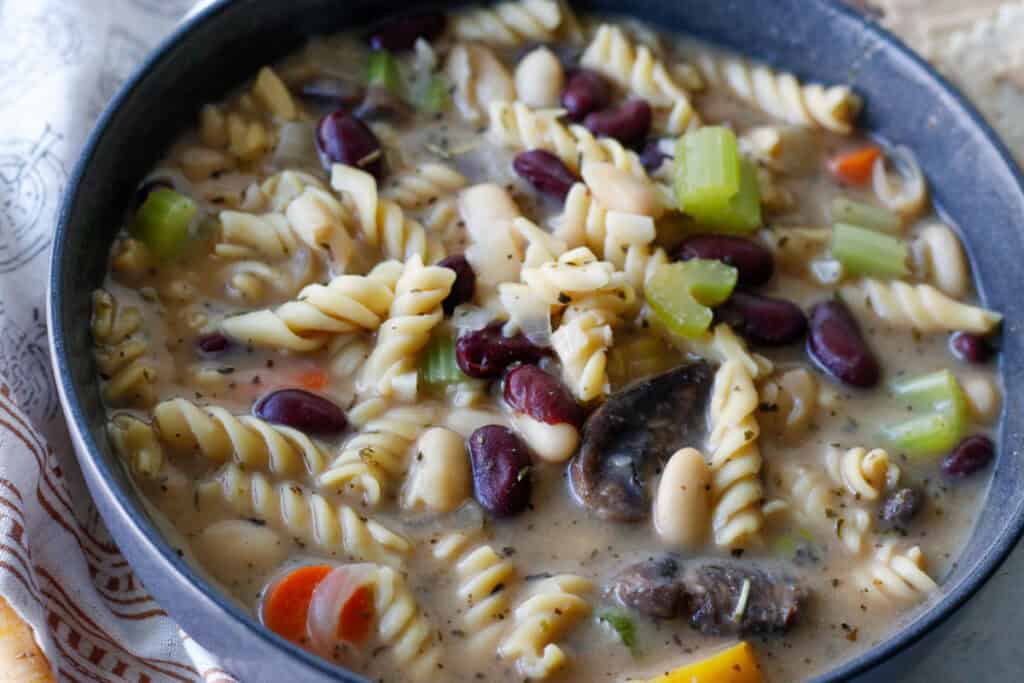 vegan vegetables and bean soup in a bowl with banza noodles