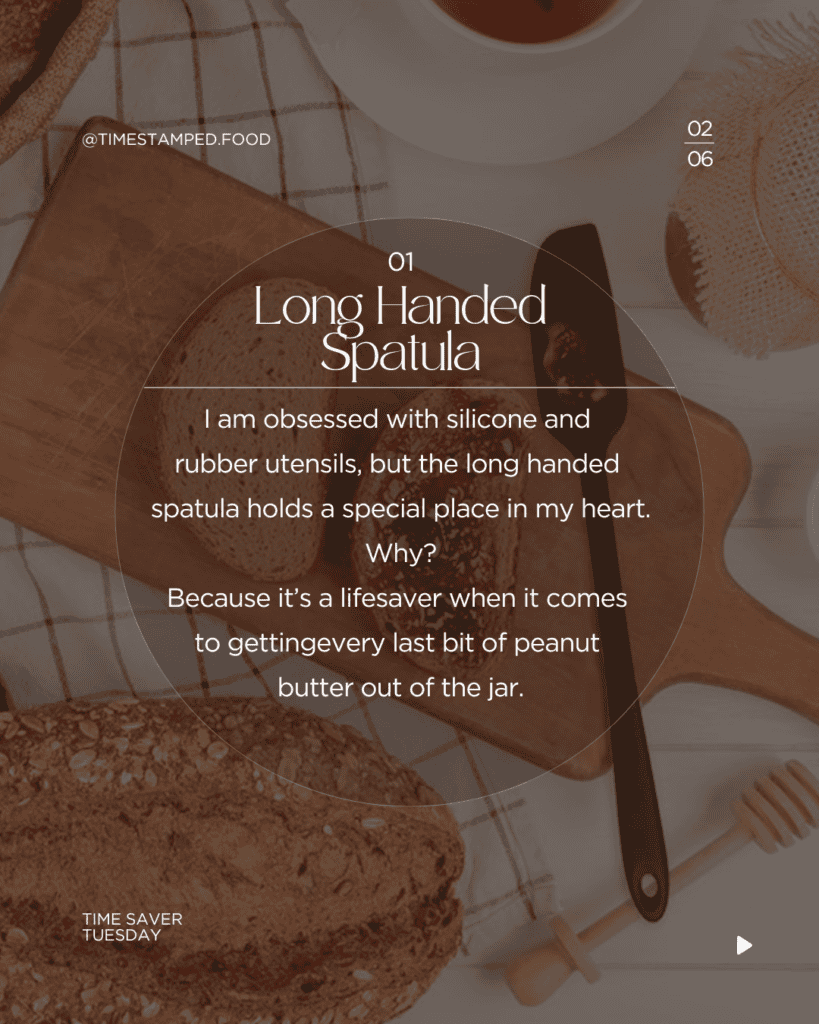 infographic for a long handed spatula, the best kitchen tool for saving you time and getting the last bit of peanut butter out of the jar.