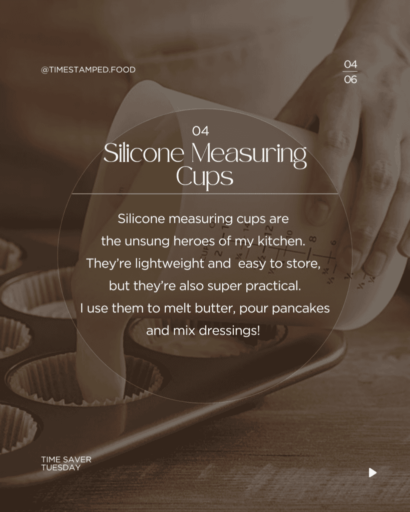 Infographic for silicone measuring cups the perfect companion in the kitchen to help with melting butter, pouring pancakes and making dressing easily.