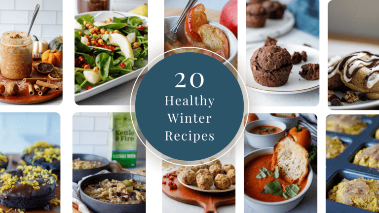 Blog header with images of healthy winter recipes like soup, desserts and salads