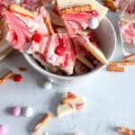 Bowl of white chocolate valentine's bark pieces