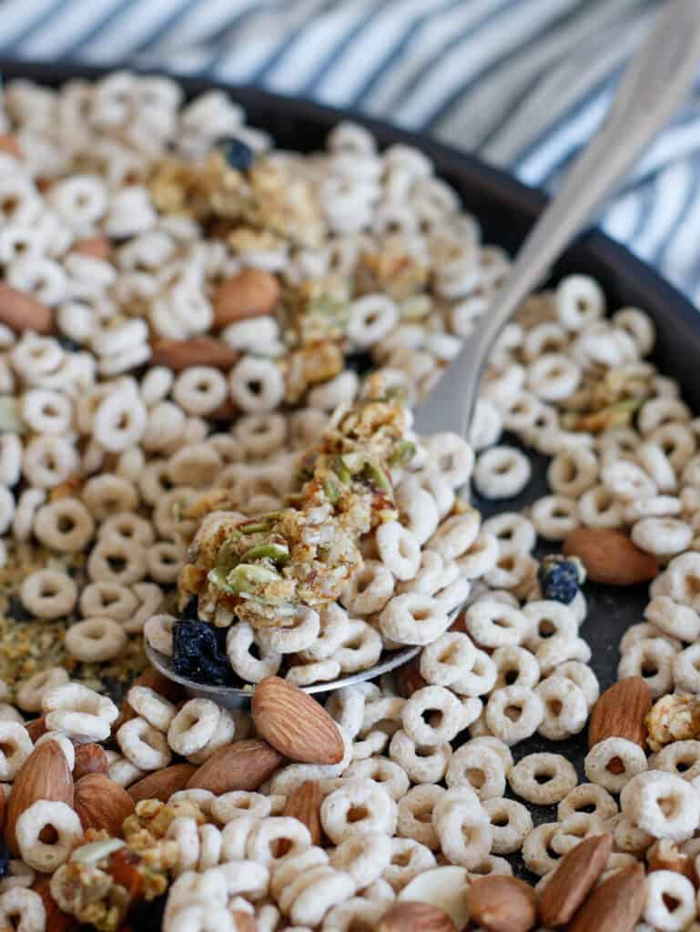 Crunchy cereal with mixed nuts and dried fruits in a breakfast snack platter, featuring almond, cashew, and blueberry toppings for a healthy, delicious first meal.