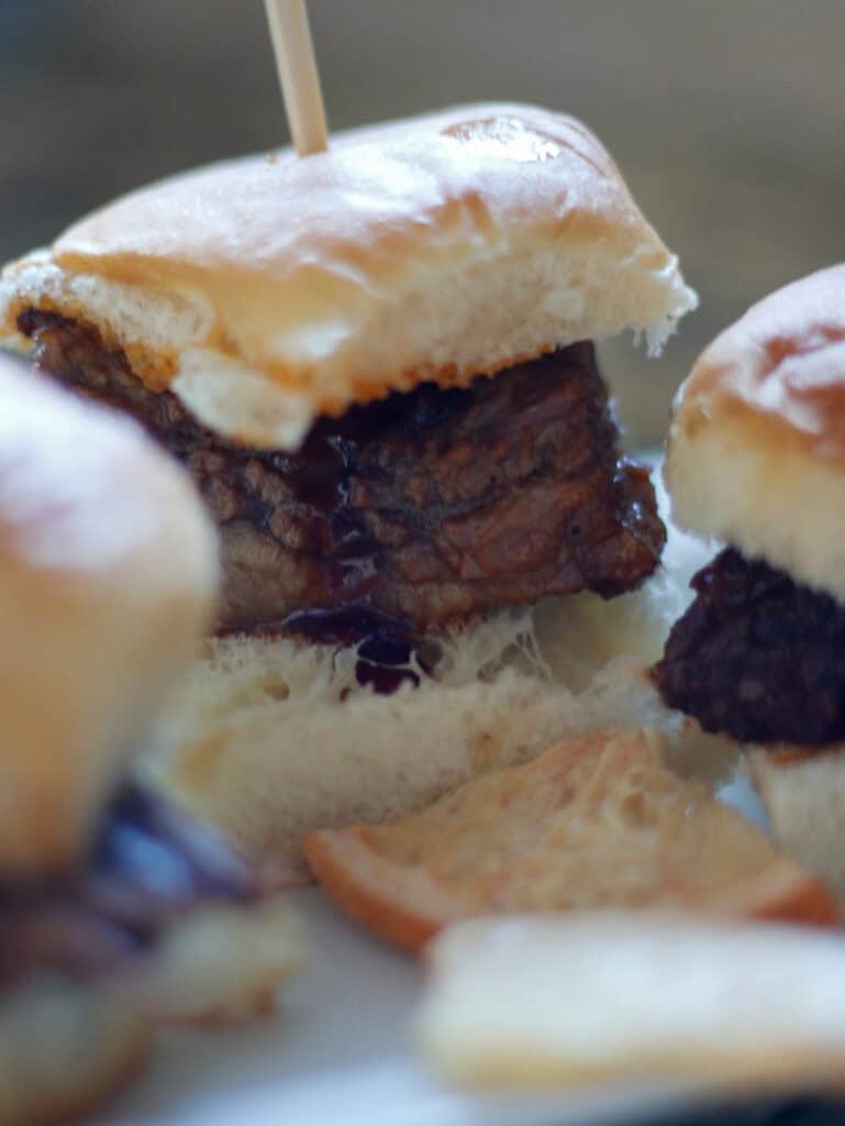 1. Close-up of a juicy barbecue pork sandwich with soft bread bun, melted sauce, and shredded meat, perfect for food lovers.